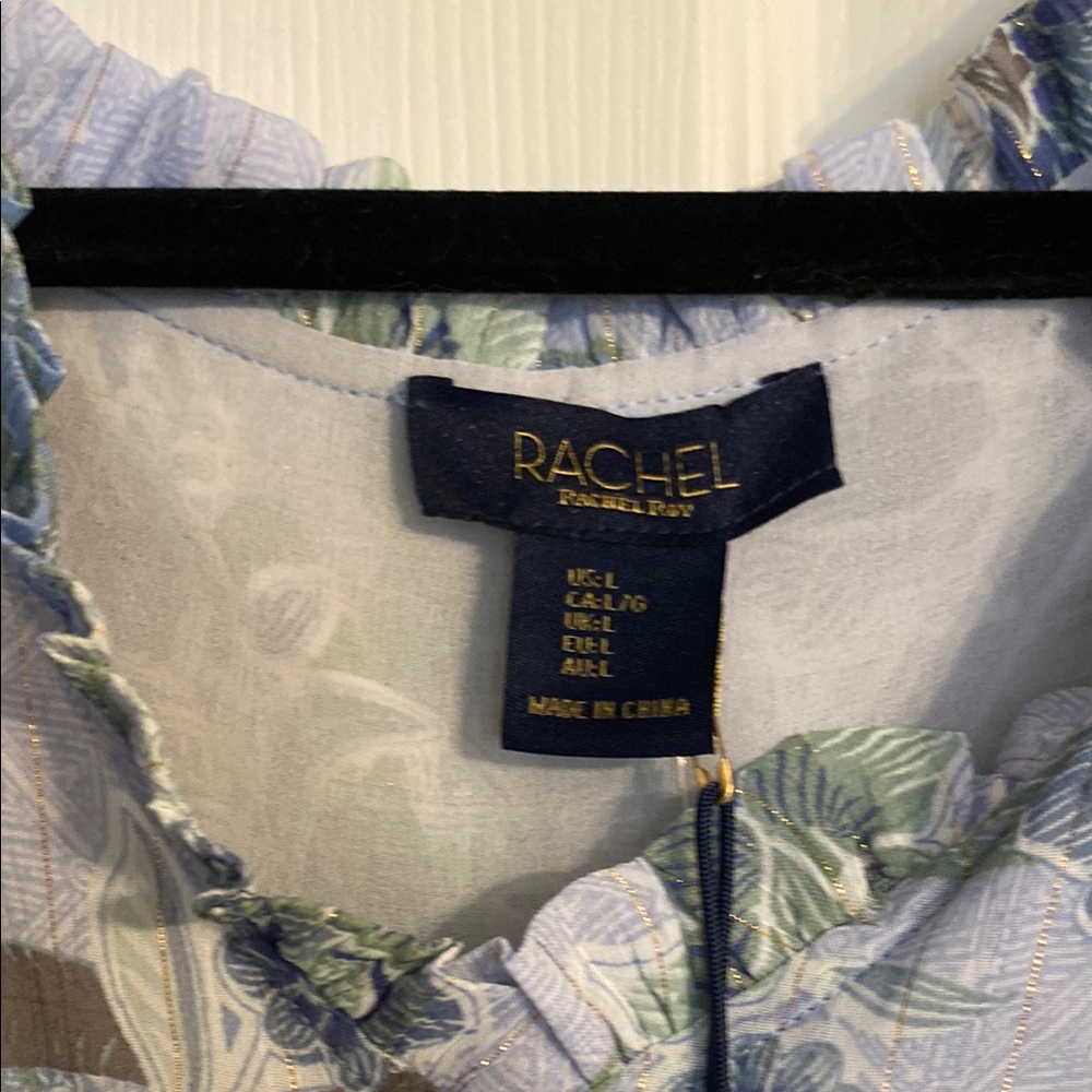 Rachel Zoe Blue Puff Sleeve Blouse with Ruffled Asymmetrical Design sz large - Picture 2 of 4
